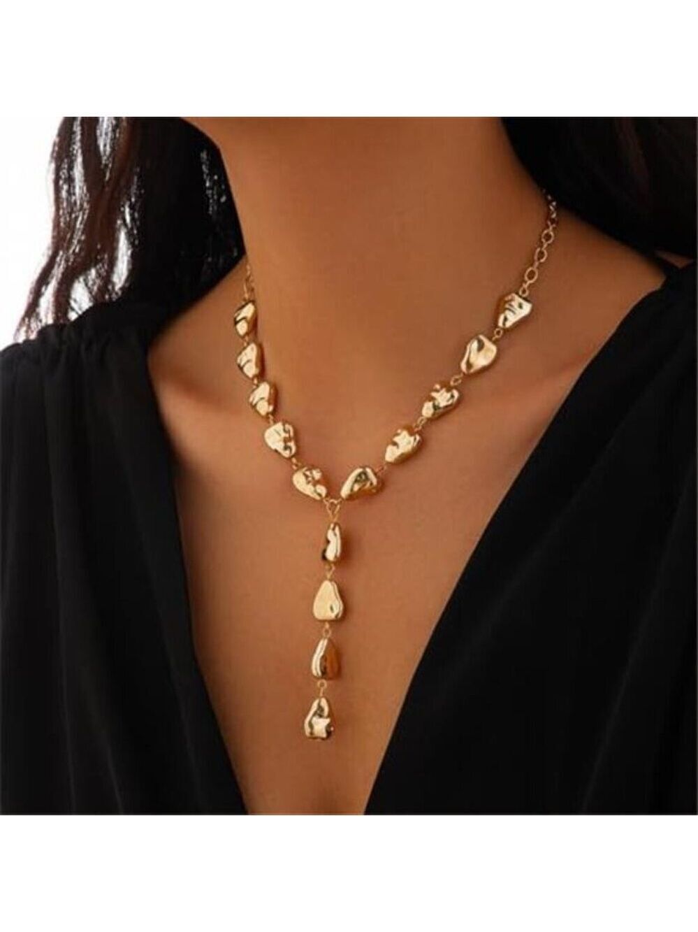Gold Baroque Teardrop Lariat Necklace Geometric Vintage Style Pendant